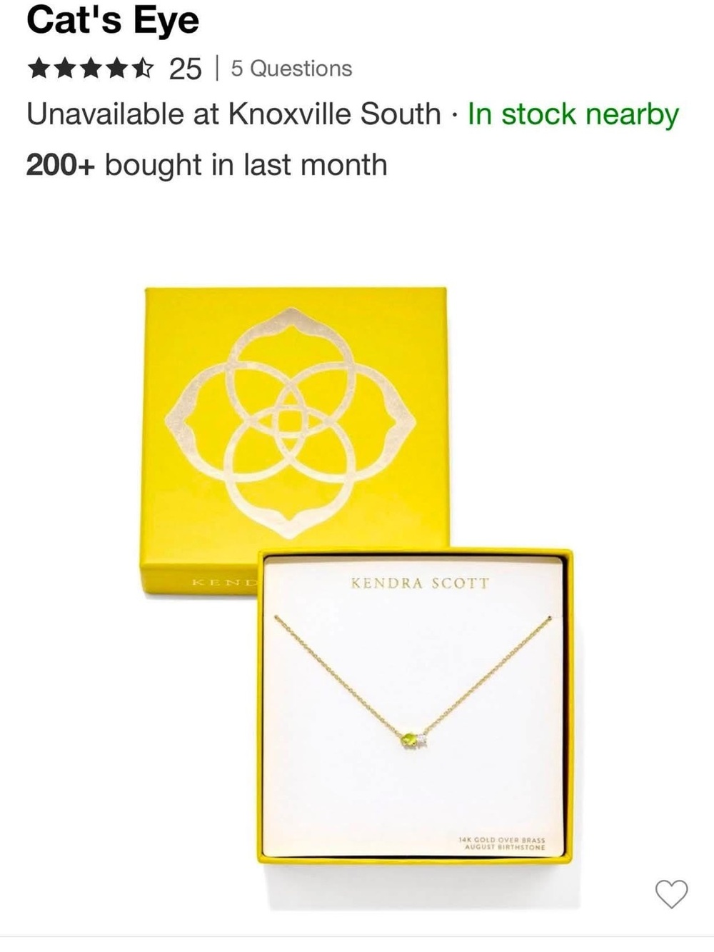Kendra Scott Gold Necklace with Yellow Stone